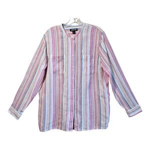 LANDS END Women L 14/16 Linen Tunic Blouse Pastel Vertical Striped Button Up 42"